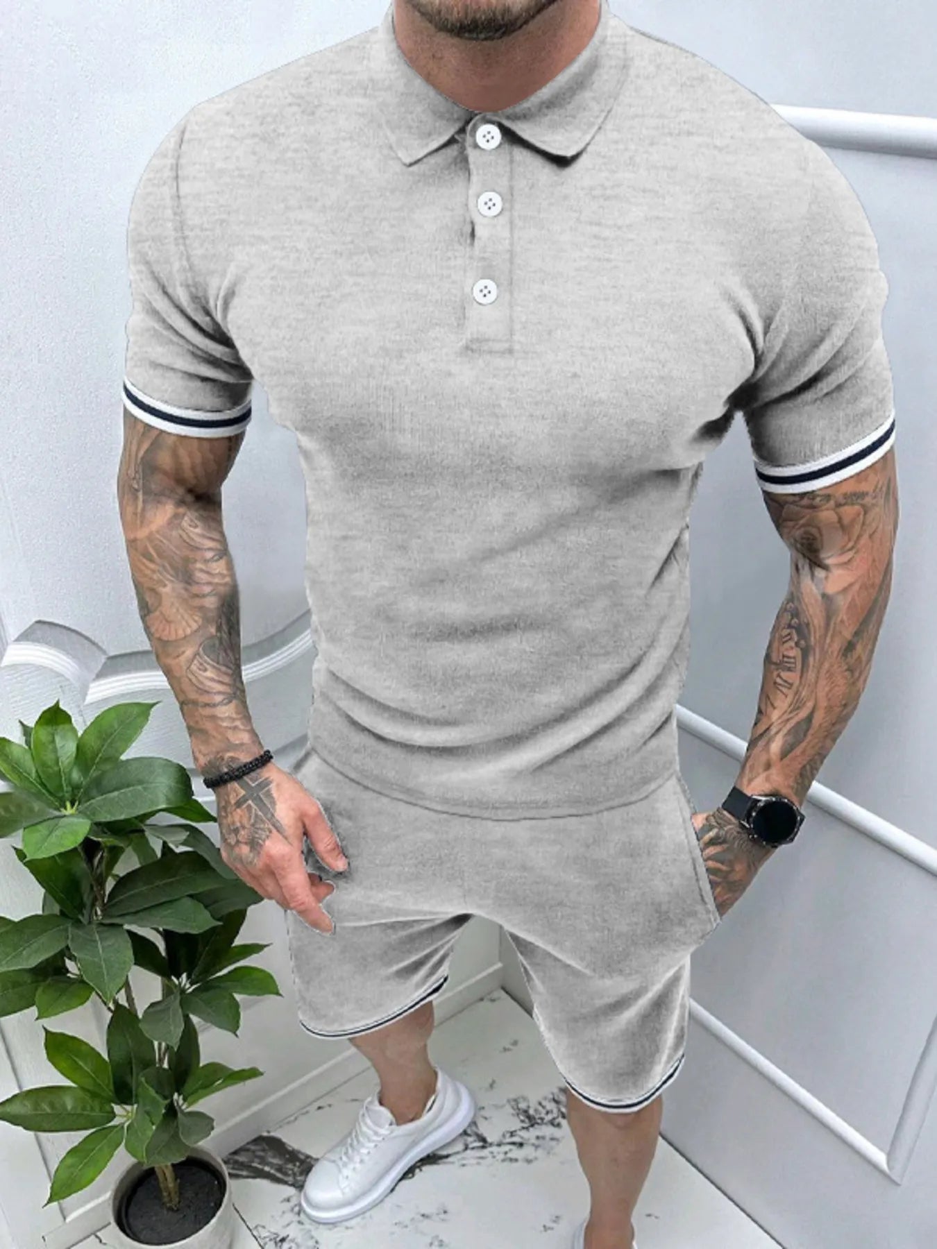 Men's army green short sleeve polo shirt and matching shorts set by Trendsi, casual summer outfit for men.