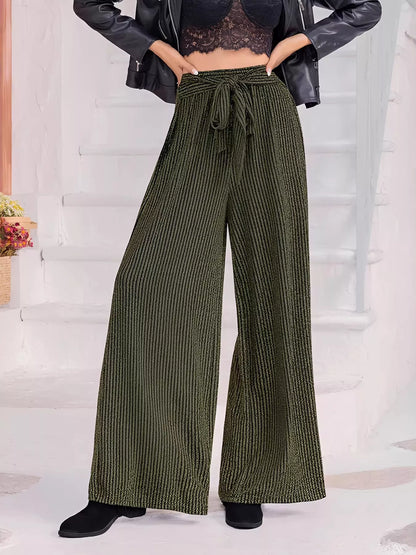 Army green striped high waist tie wide leg pants from Trendsi, showing the flowy, wide leg design and fabric details.