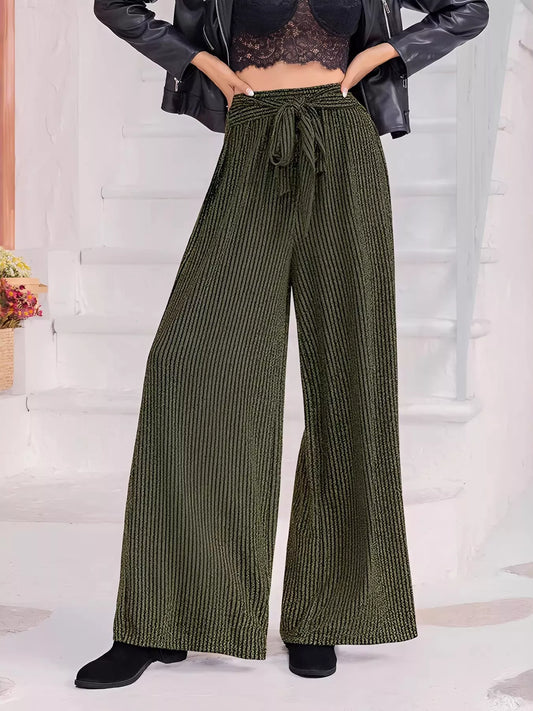 Army green striped high waist tie wide leg pants from Trendsi, showing the flowy, wide leg design and fabric details.
