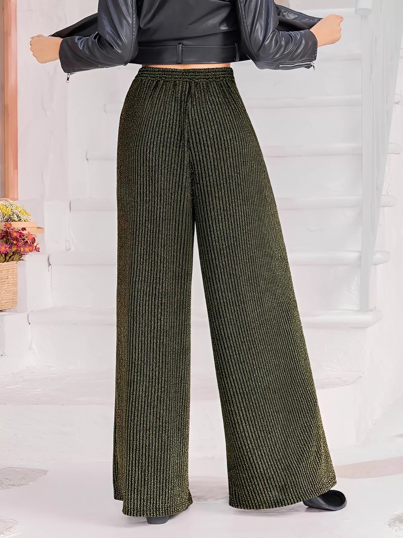 Army green striped high waist tie wide leg pants by Trendsi, featuring a relaxed fit and stylish design.