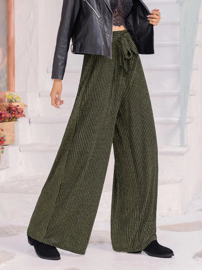 Army green striped high waist tie wide-leg pants from Trendsi, featuring a relaxed fit and stylish design.