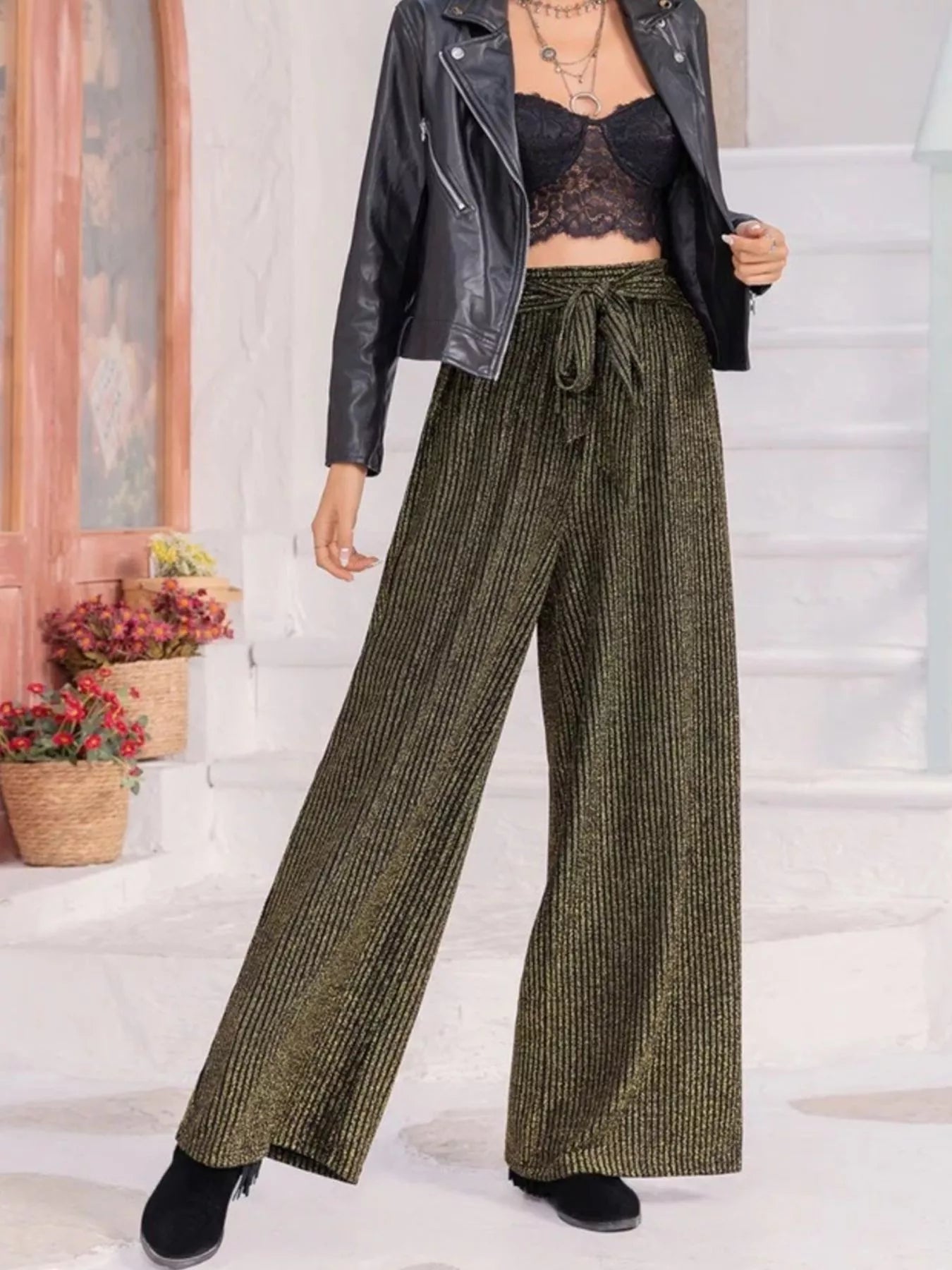 Army green striped high waist tie wide-leg pants by Trendsi, featuring a relaxed fit and stylish design.