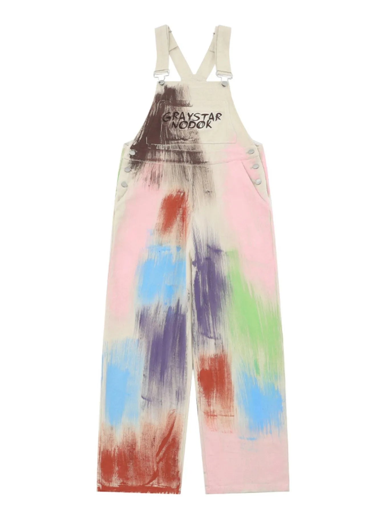 Colorful wide-leg overalls from Trendsi with beige base, featuring vibrant multicolor patterns and relaxed fit, casual style.