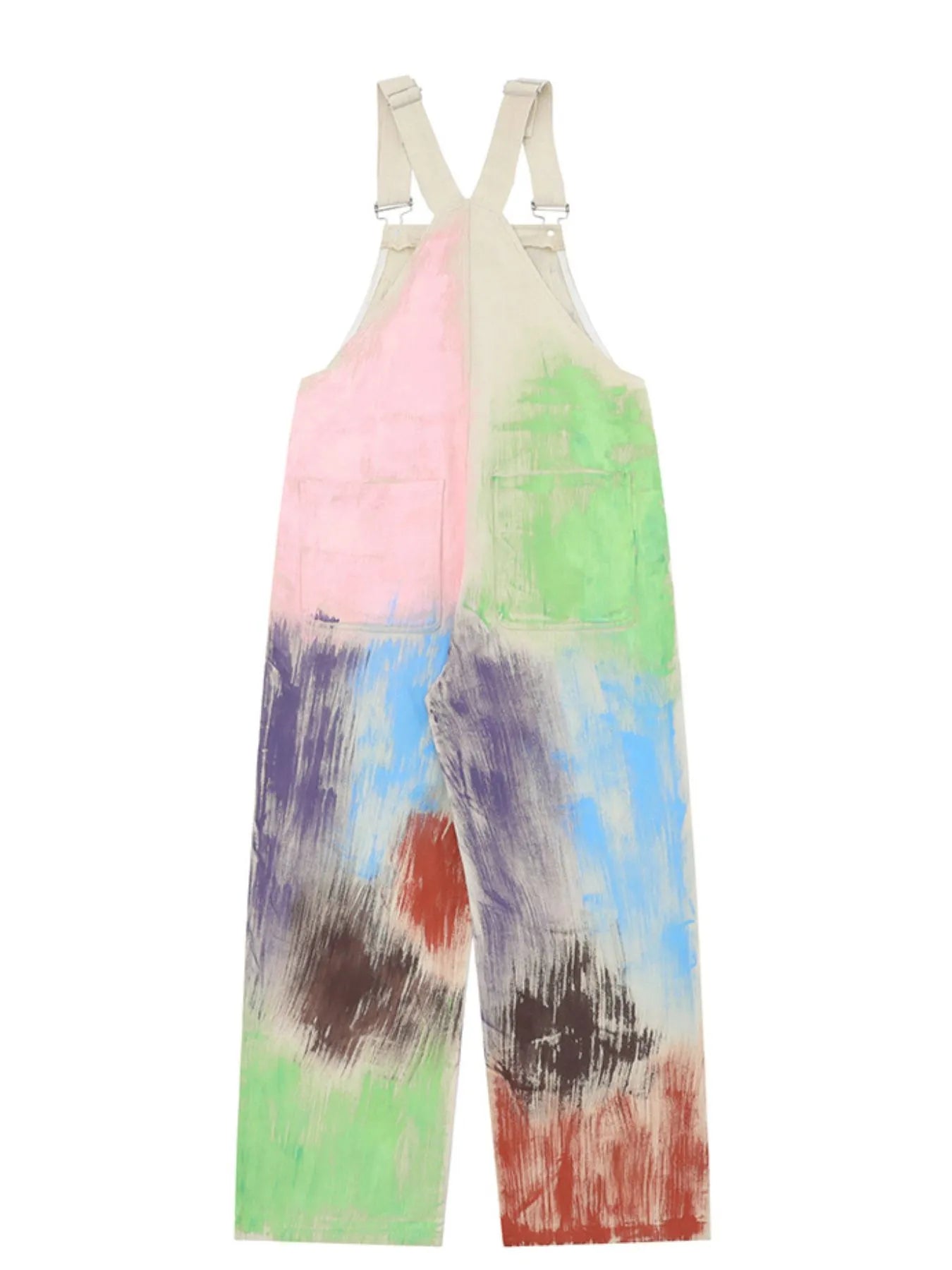 Beige colorful wide-leg overalls by Trendsi featuring a relaxed fit and vibrant patchwork design for a casual, stylish look.