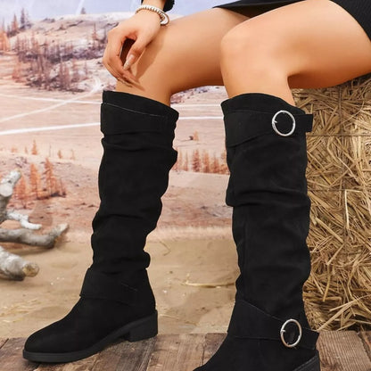 Black block heel boots with buckle detail from Trendsi, featuring a stylish silhouette and ankle height.
