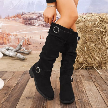 Black Trendsi block heel boots with buckle detail and ankle height, showcasing stylish footwear for casual or dressy outfits.