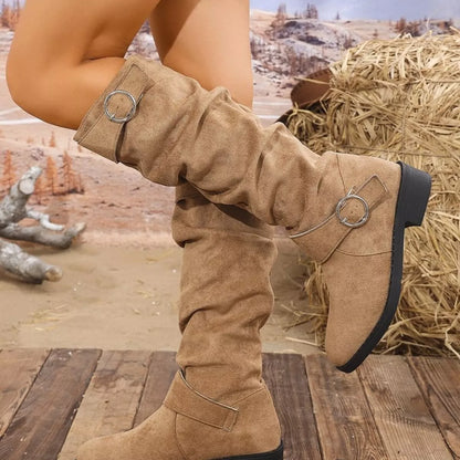 Black block heel boots with buckle detail from Trendsi, featuring a stylish chunky heel and ankle strap design.