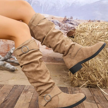 Black block heel boots with buckle detail from Trendsi, featuring a stylish ankle-high design and sturdy heel for versatile wear.