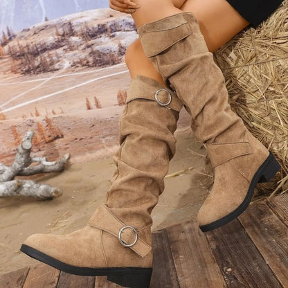 Black block heel boots with buckle detail from Trendsi, featuring a sleek design and sturdy heel, perfect for stylish outfits.