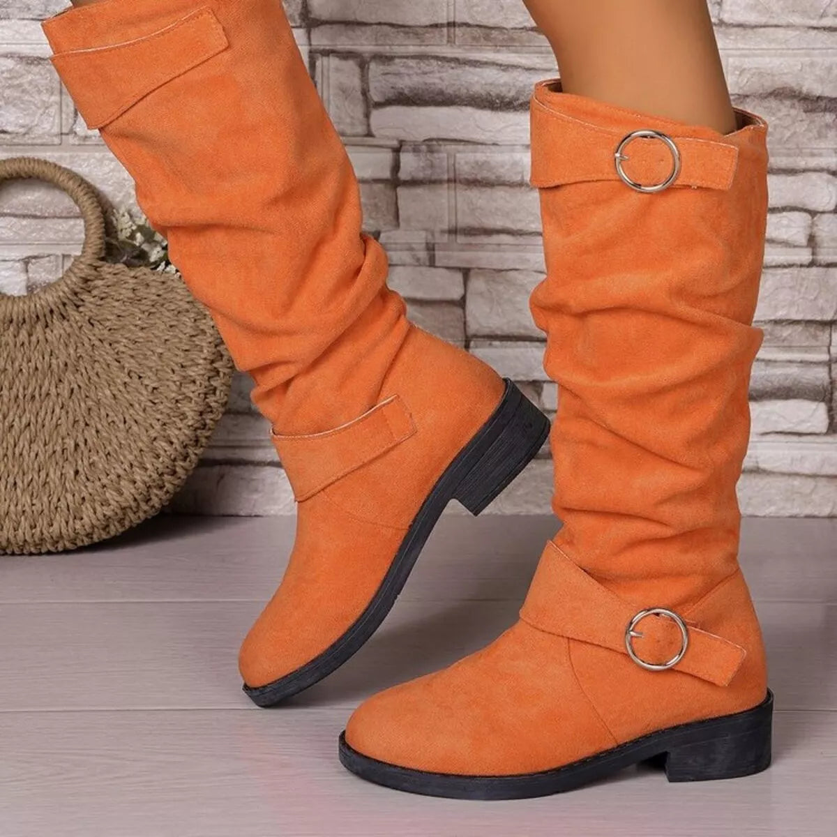 Black block heel boots with buckle detail from Trendsi, featuring a sleek design and comfortable ankle height.