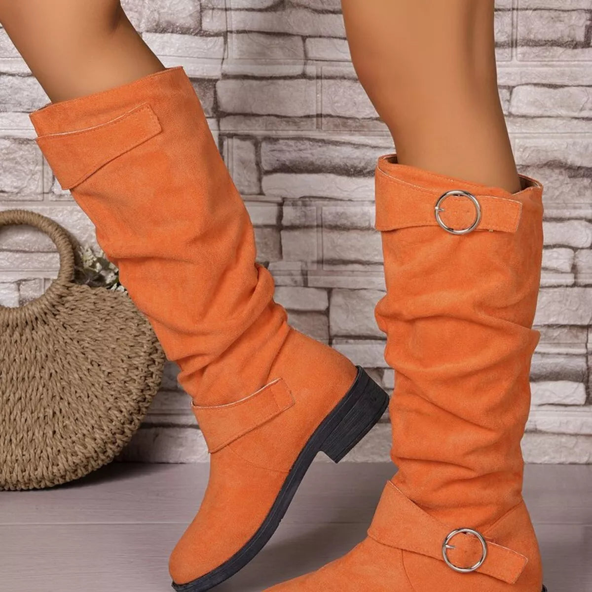 Black block heel boots with buckle detail from Trendsi, featuring a stylish and sturdy design perfect for casual or dressy outfits.