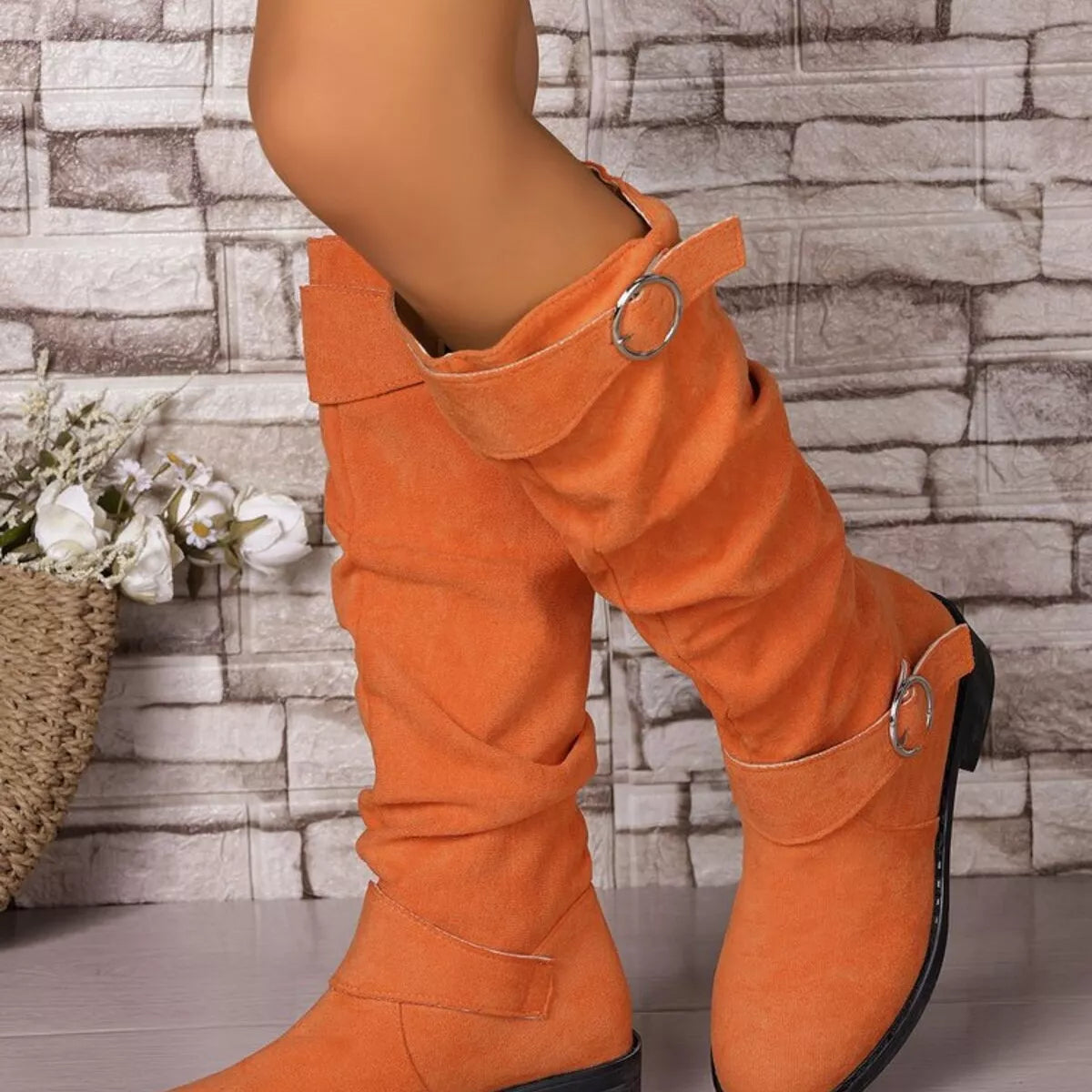 Black block heel boots with buckle detail from Trendsi, featuring a stylish and sturdy design for trendy footwear.