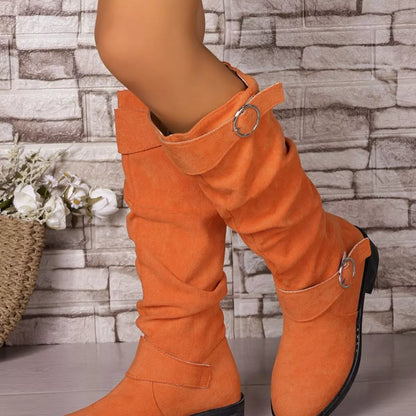 Black block heel boots with buckle detail from Trendsi, featuring a stylish and sturdy design for trendy footwear.