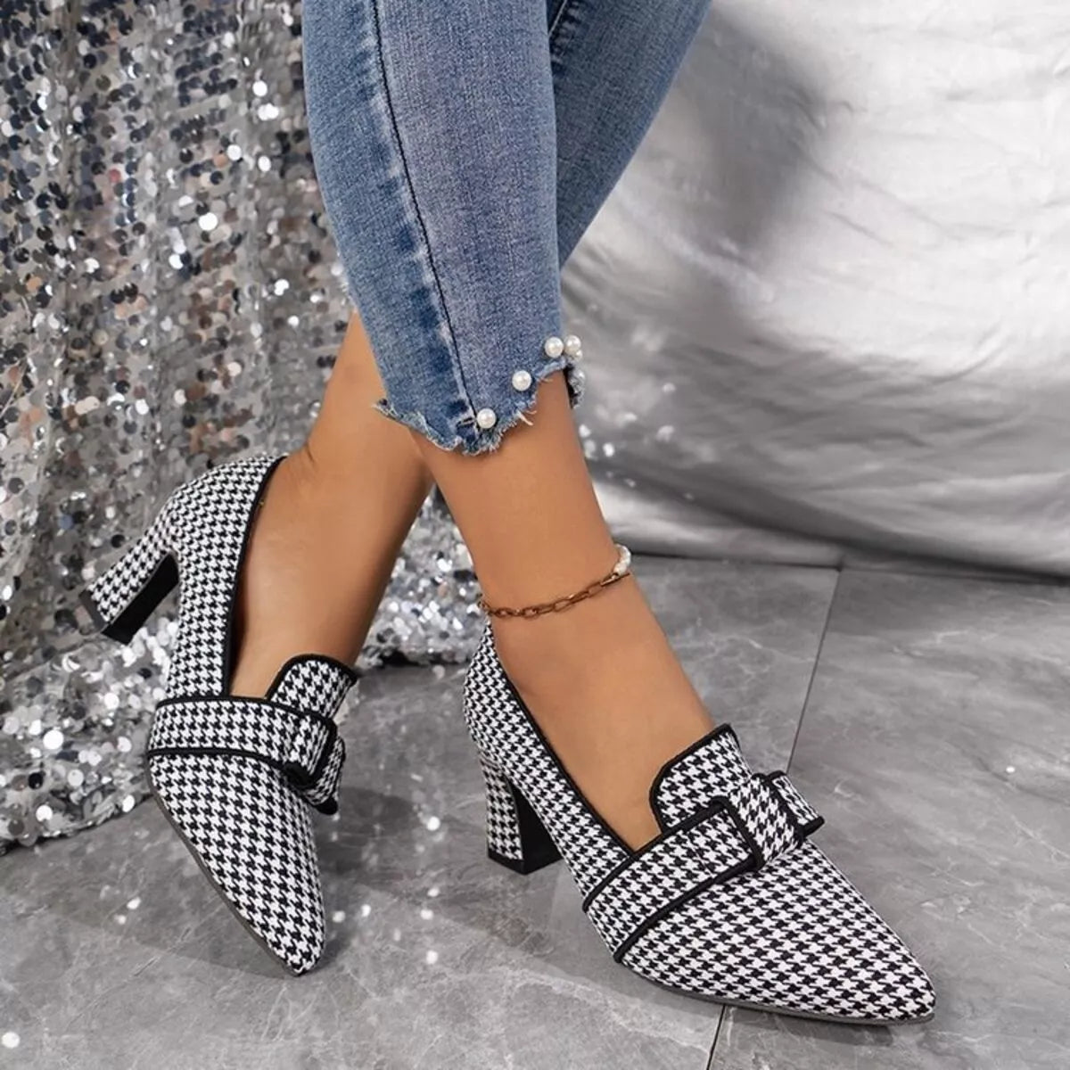 Black Trendi point toe block heels pumps with a sleek design, perfect for stylish and comfortable footwear.