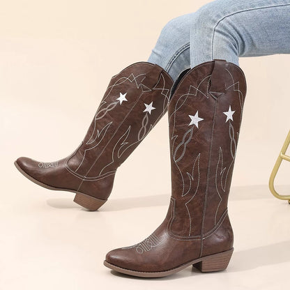 Black Western Star embroidered cowboy boots with intricate stitching and pointed toes, stylish Western footwear by Trendsi.