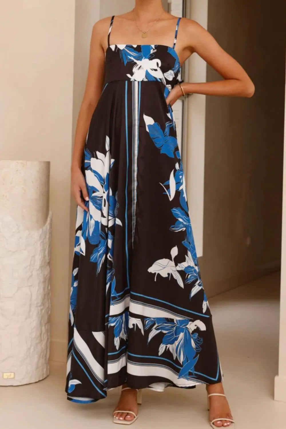 Printed square neck cami maxi dress by Trendsi featuring a flowy silhouette and vibrant floral print