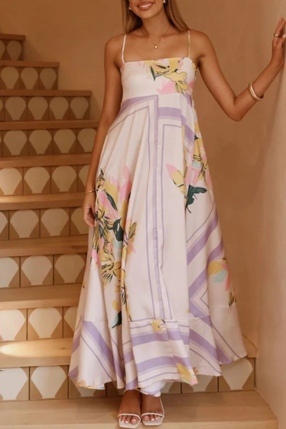 Printed square neck cami maxi dress by Trendsi featuring a floral pattern and flowing silhouette, perfect for summer wear.