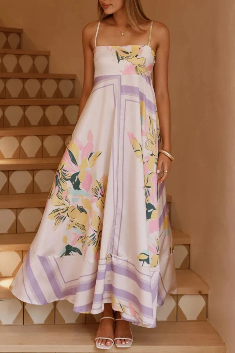 Printed square neck cami maxi dress by Trendsi featuring a fitted bodice, flowing skirt, and stylish square neckline.