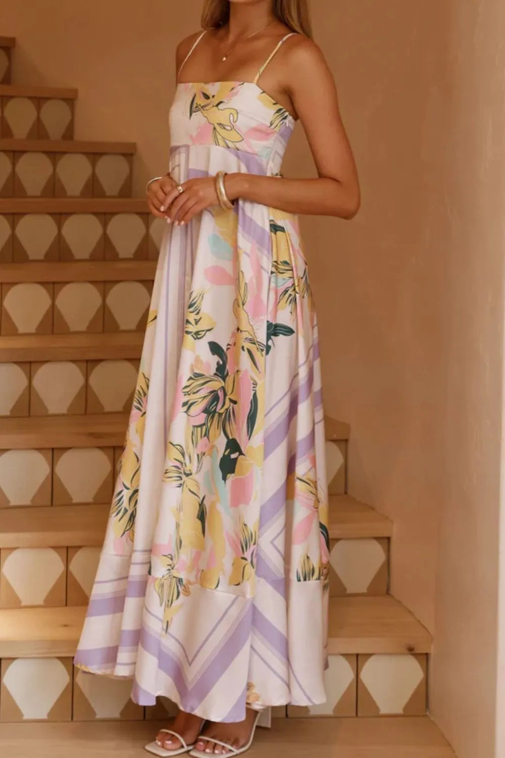 Printed square neck cami maxi dress by Trendsi, featuring a fitted bodice, flowing skirt, and trendy square neckline.