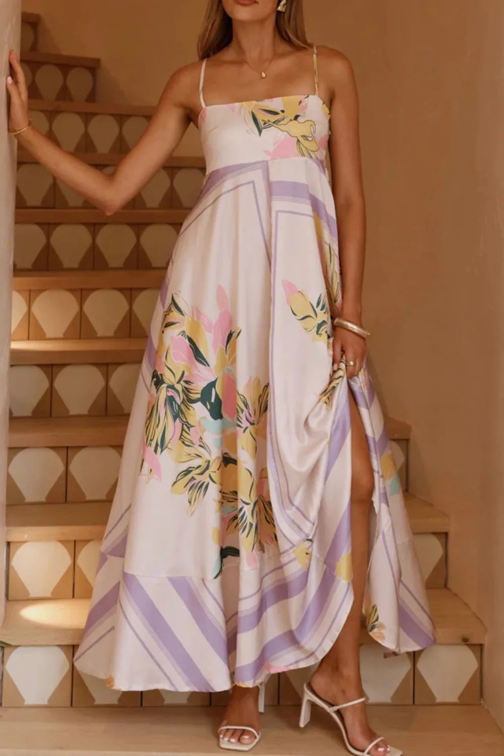 Printed square neck cami maxi dress from Trendsi featuring a flowy silhouette and stylish square neckline.