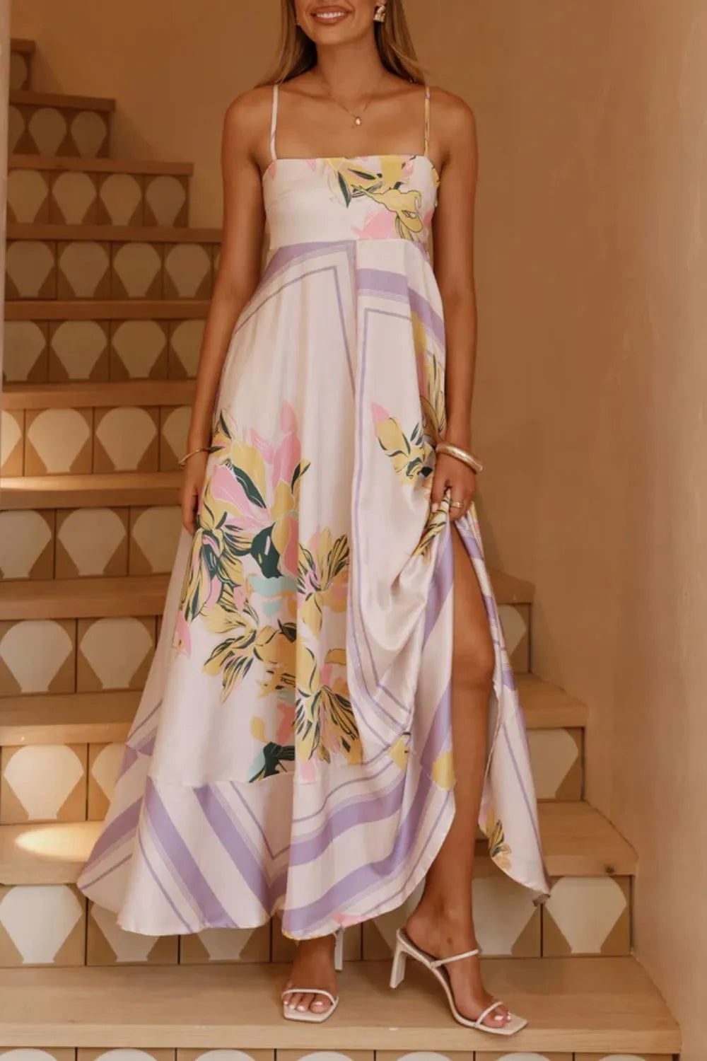 Printed square neck cami maxi dress by Trendsi, featuring a flowy design with a square neckline and vibrant print.