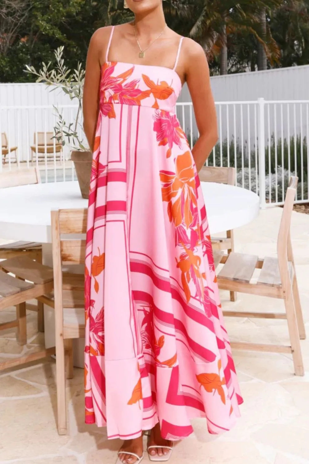 Printed square neck cami maxi dress by Trendsi featuring a flowy silhouette and stylish square neckline.