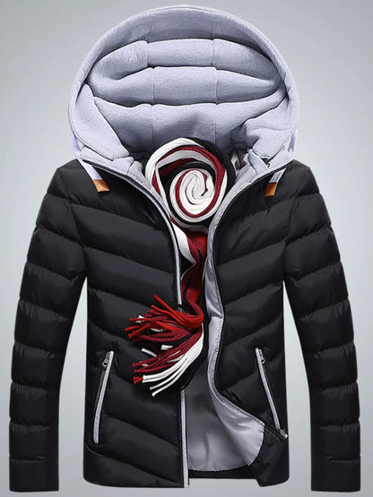 Men's plus size black and gray zip-up hooded padded puffer jacket by Trendsi, featuring a cozy quilted design and full front zipper.