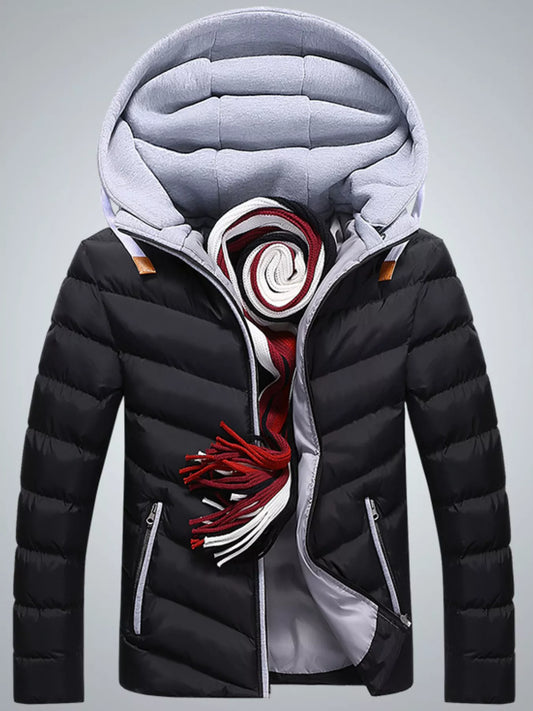 Men's plus size black and gray zip-up hooded padded puffer jacket by Trendsi, featuring a cozy quilted design and full front zipper.