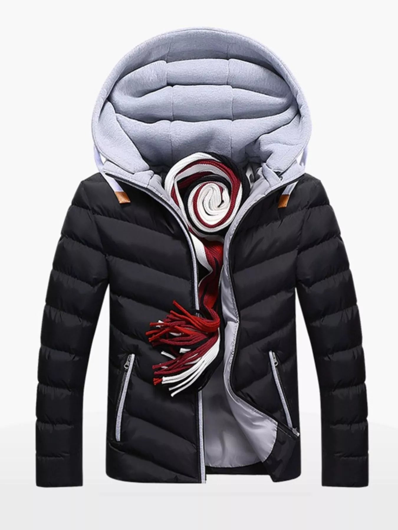 Men's plus size black and gray zip-up hooded padded puffer jacket by Trendsi, featuring a warm, quilted design for cold weather.