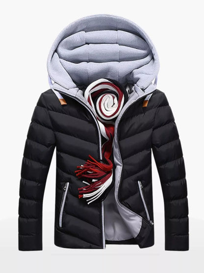 Men's plus size black and gray zip-up hooded padded puffer jacket by Trendsi, featuring a warm, quilted design for cold weather.
