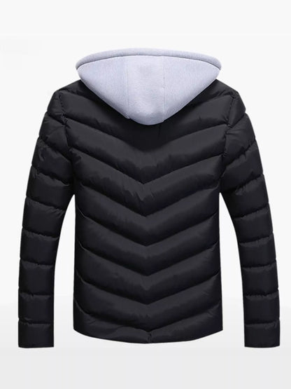 Men's plus size black and gray zip-up hooded padded puffer jacket by Trendsi, featuring a warm, insulated design with a full front zipper.