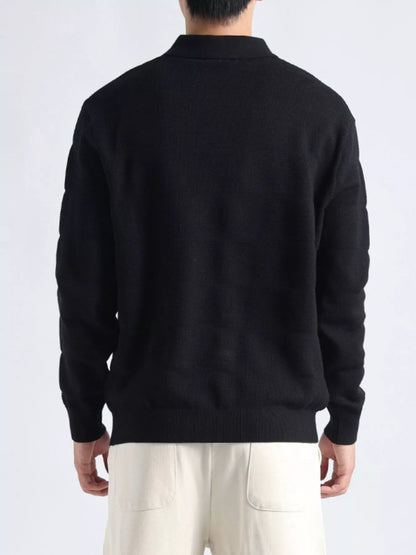 Plus size men's black long sleeve knit top with button details, featuring a stylish and comfortable design.