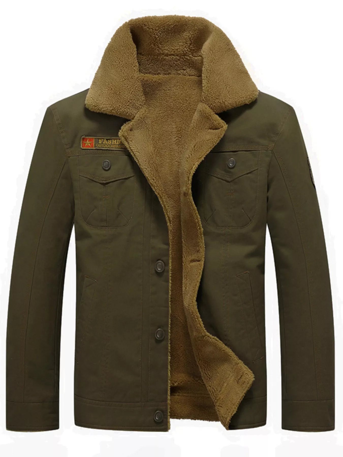 Men's plus size black fleece-lined button-up jacket from Trendsi, showing front view with collar and button details.