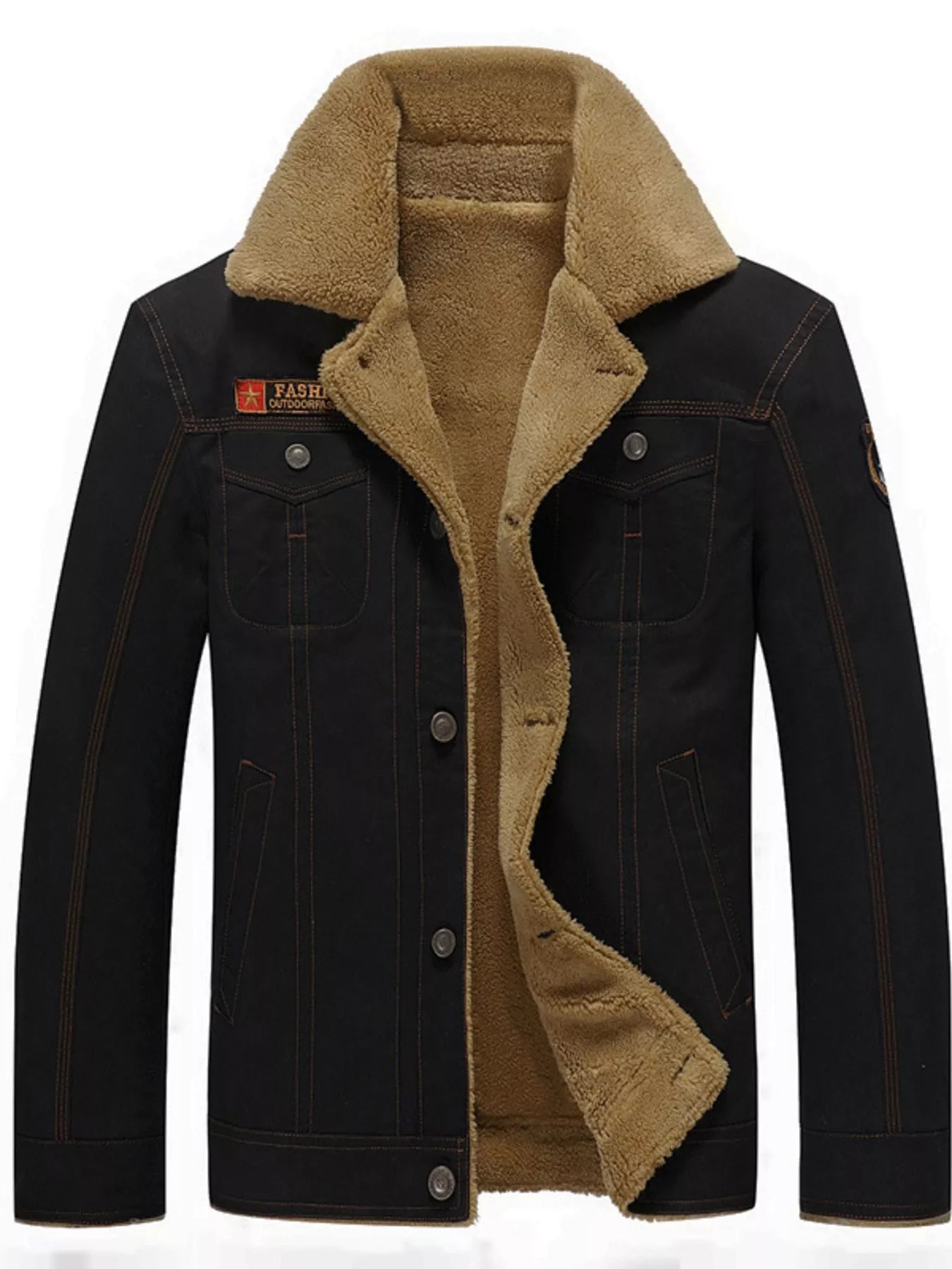 Plus size men's black fleece-lined button-up jacket by Trendsi, showing front view with collar and button closure.