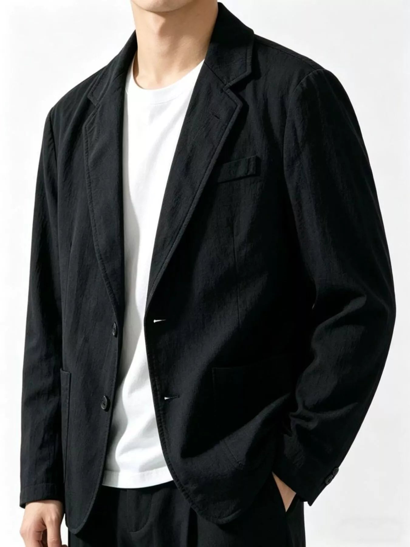 Men's plus size black button-up long sleeve blazer from Trendsi, tailored fit with classic collar and stylish design.