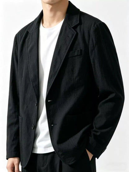Men's plus size black button-up long sleeve blazer from Trendsi, tailored fit with classic collar and stylish design.