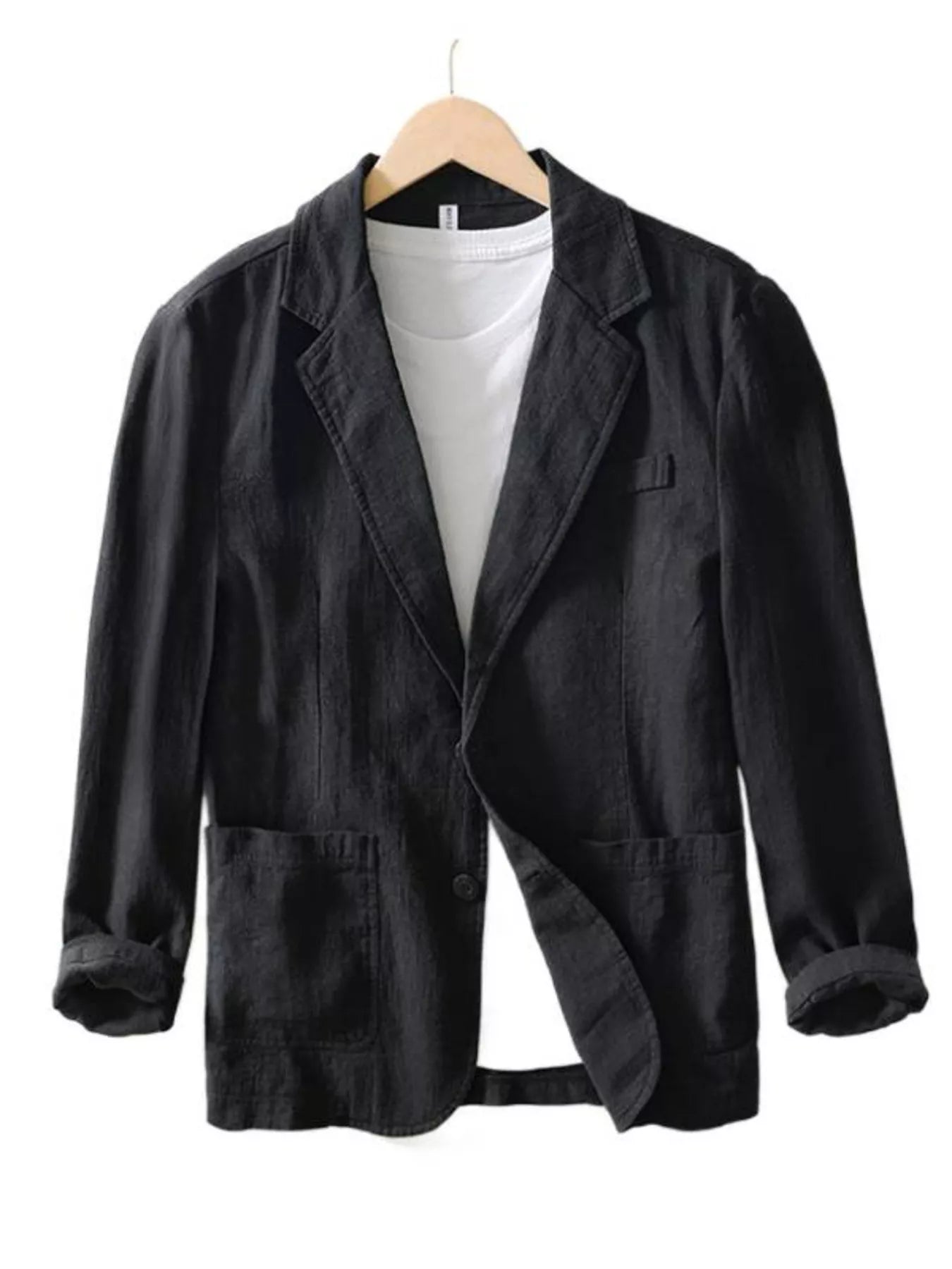 Plus size men's black button-up long sleeve blazer from Trendsi, featuring a tailored fit and classic design.