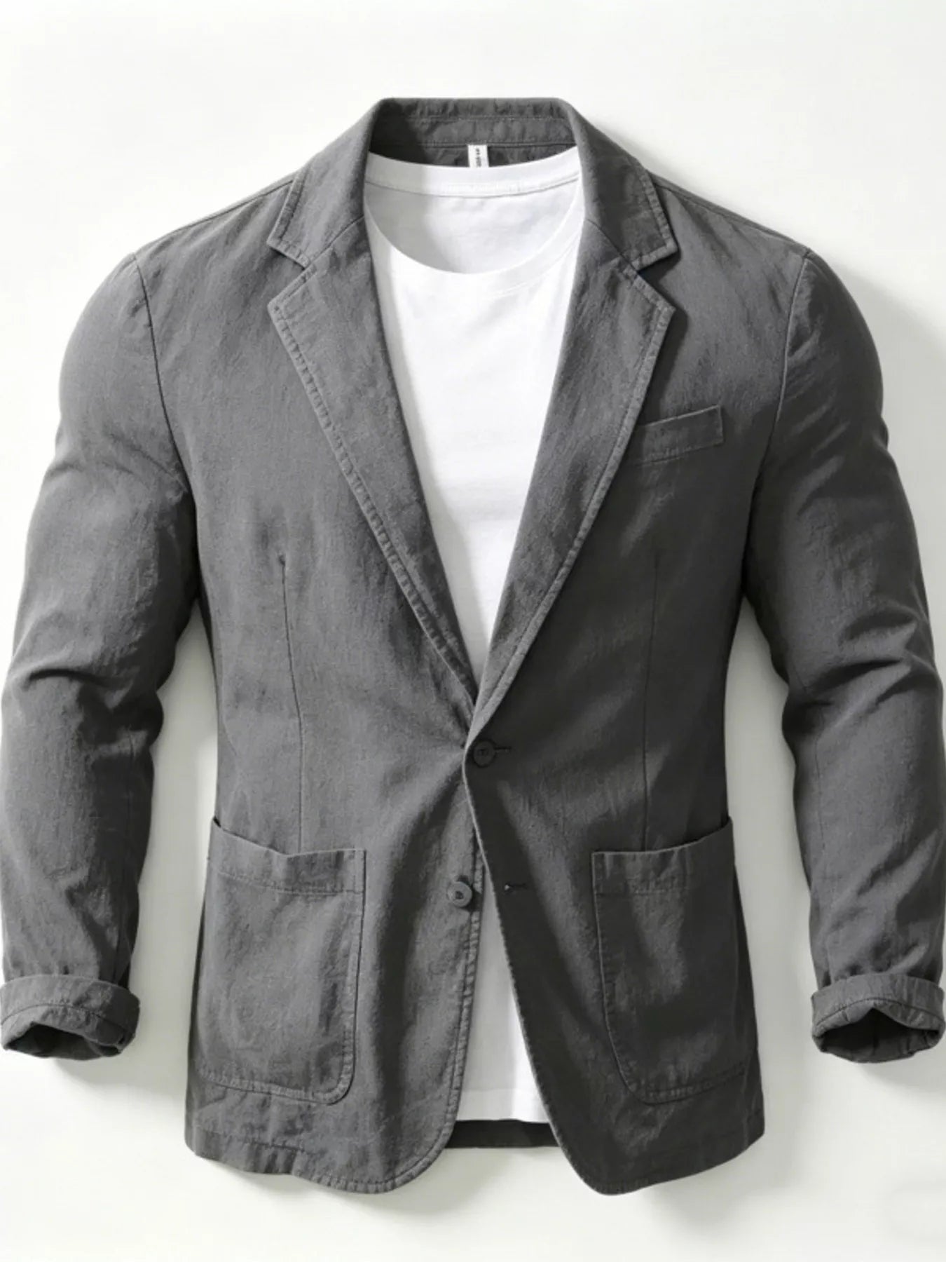 Men's plus size black button-up long sleeve blazer by Trendsi, tailored fit with classic lapel and sleek design.