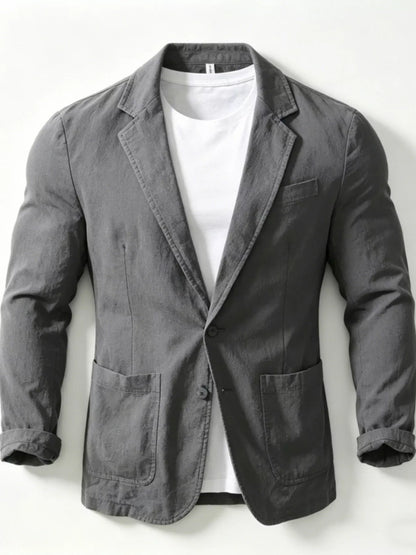 Men's plus size black button-up long sleeve blazer by Trendsi, tailored fit with classic lapel and sleek design.