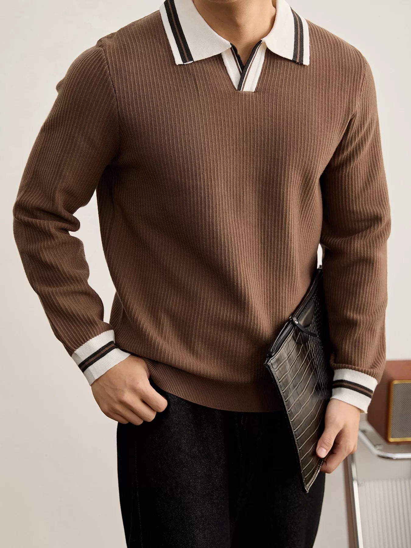 Men's plus size black ribbed knit sweater with contrast polo collar trim, from Trendsi.