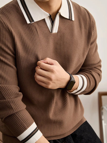 Men's plus size black ribbed knit sweater with contrast polo collar trim, by Trendsi, showcasing a comfortable, stylish fit.