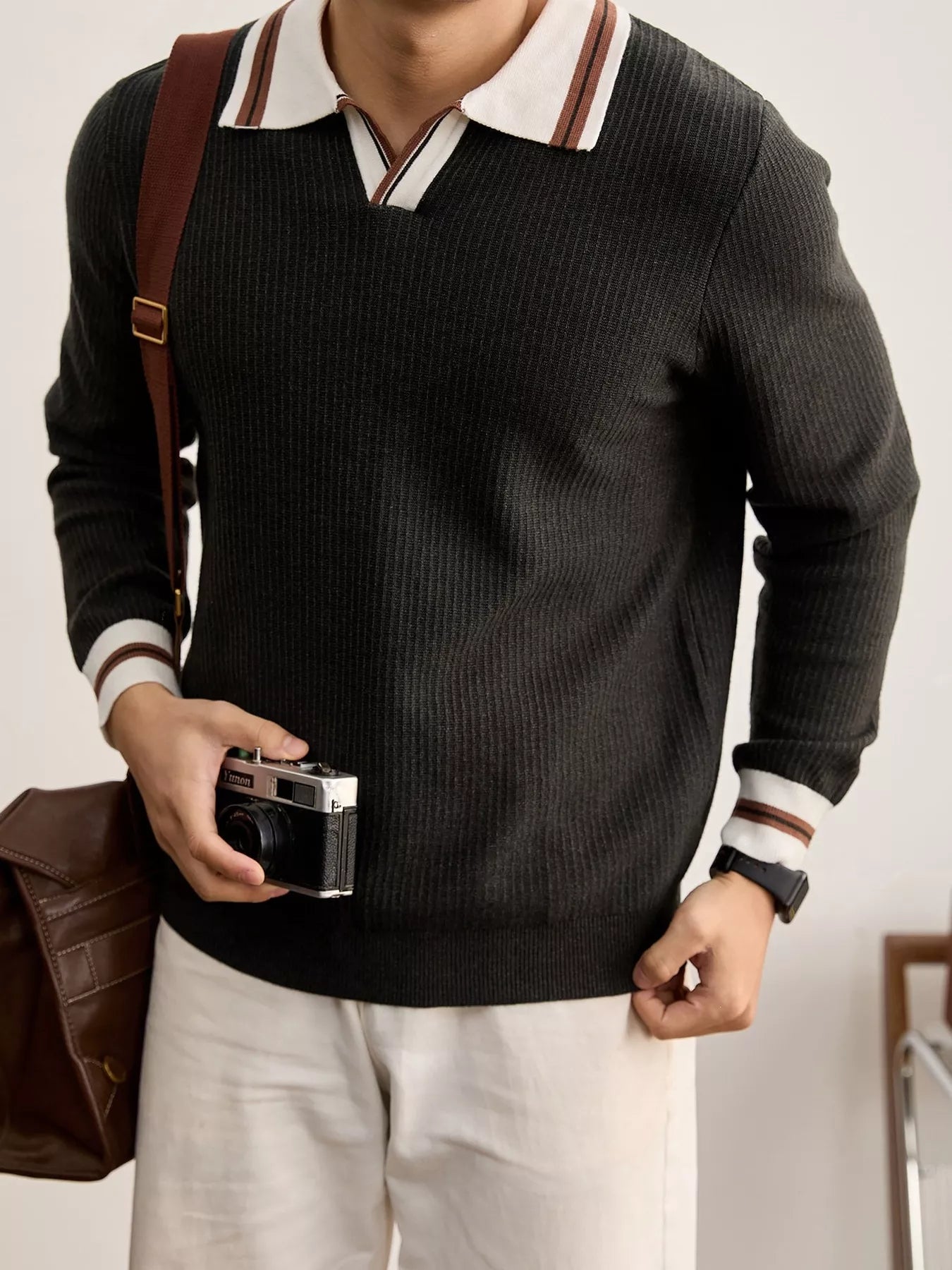 Men's plus size black ribbed knit sweater with contrast trim polo collar, from Trendsi.