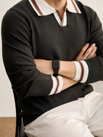 Men's plus size black ribbed knit sweater with contrast polo collar and trim, stylish and comfortable men's fashion by Trendsi.