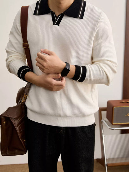 Men's plus size black ribbed knit sweater with contrast polo collar trim, from Trendsi, featuring a stylish polo collar design.