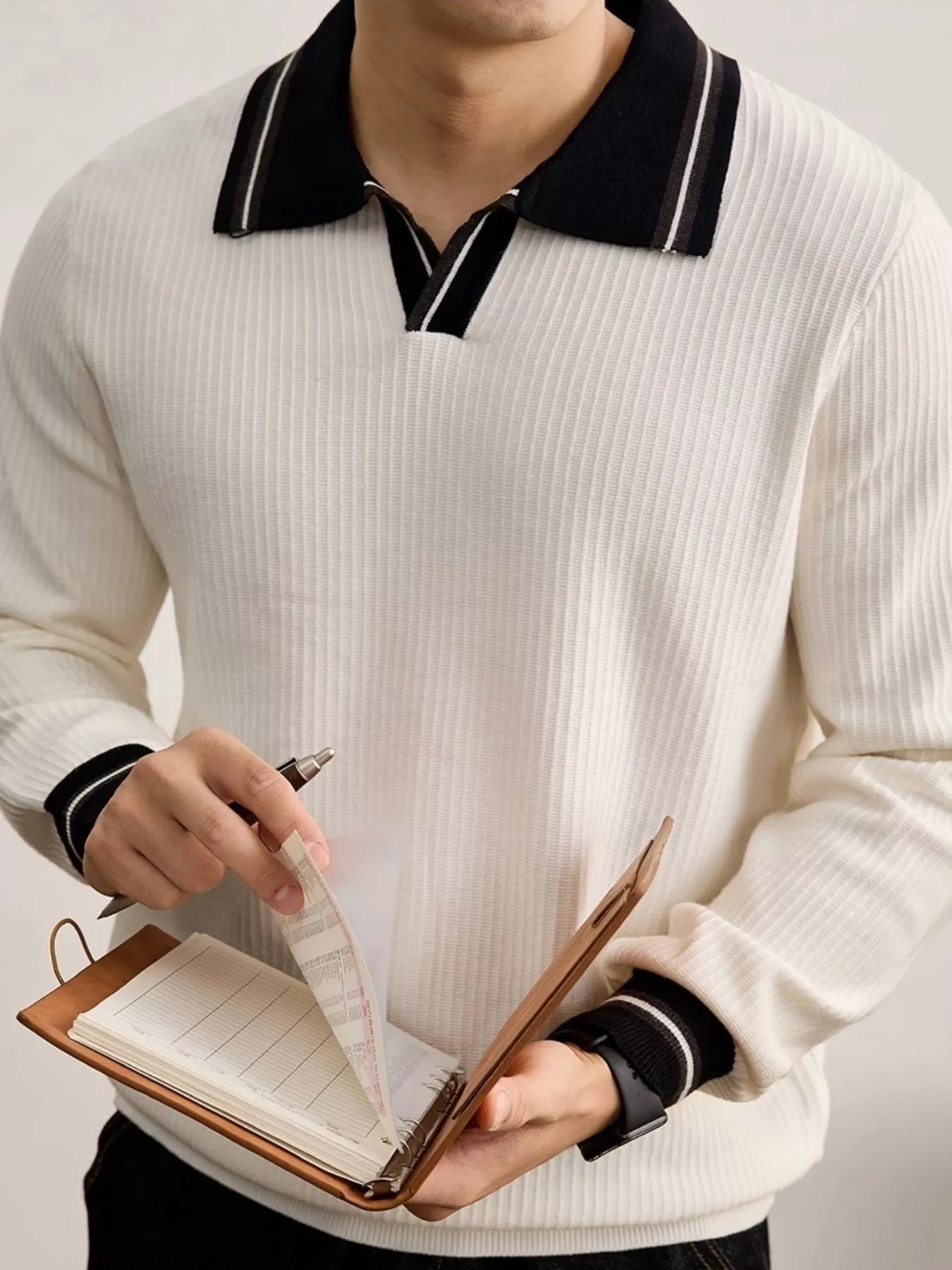 Men's plus size black ribbed knit sweater with contrast polo collar and trim, stylish Trendsi men's sweater.