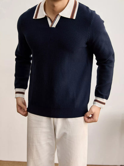 Men's plus size black ribbed knit sweater with contrast trim polo collar, from Trendsi, featuring a stylish, comfortable design.