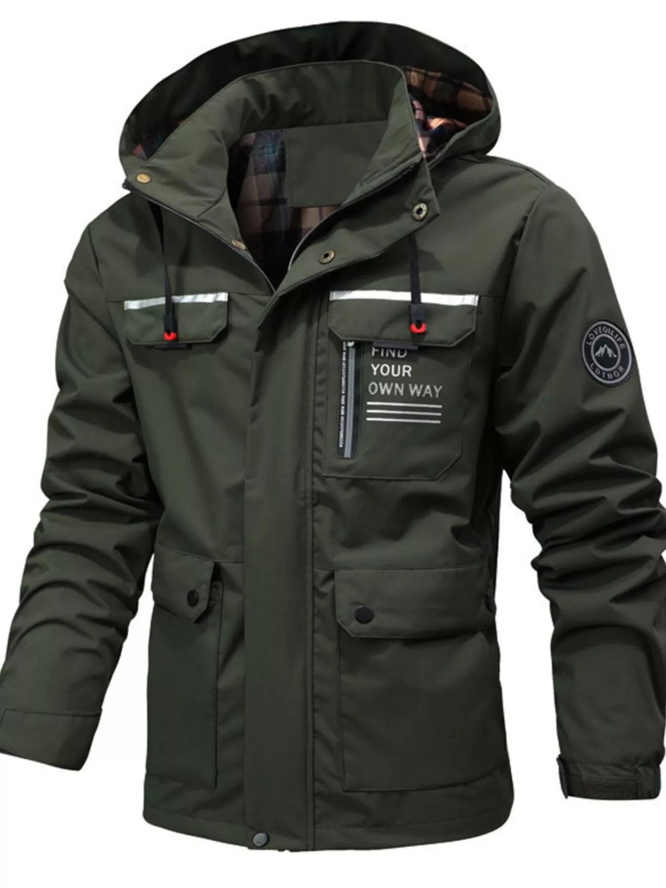 Men's plus size black outdoor windproof coat with hood, designed for outdoor activities, by Trendsi.