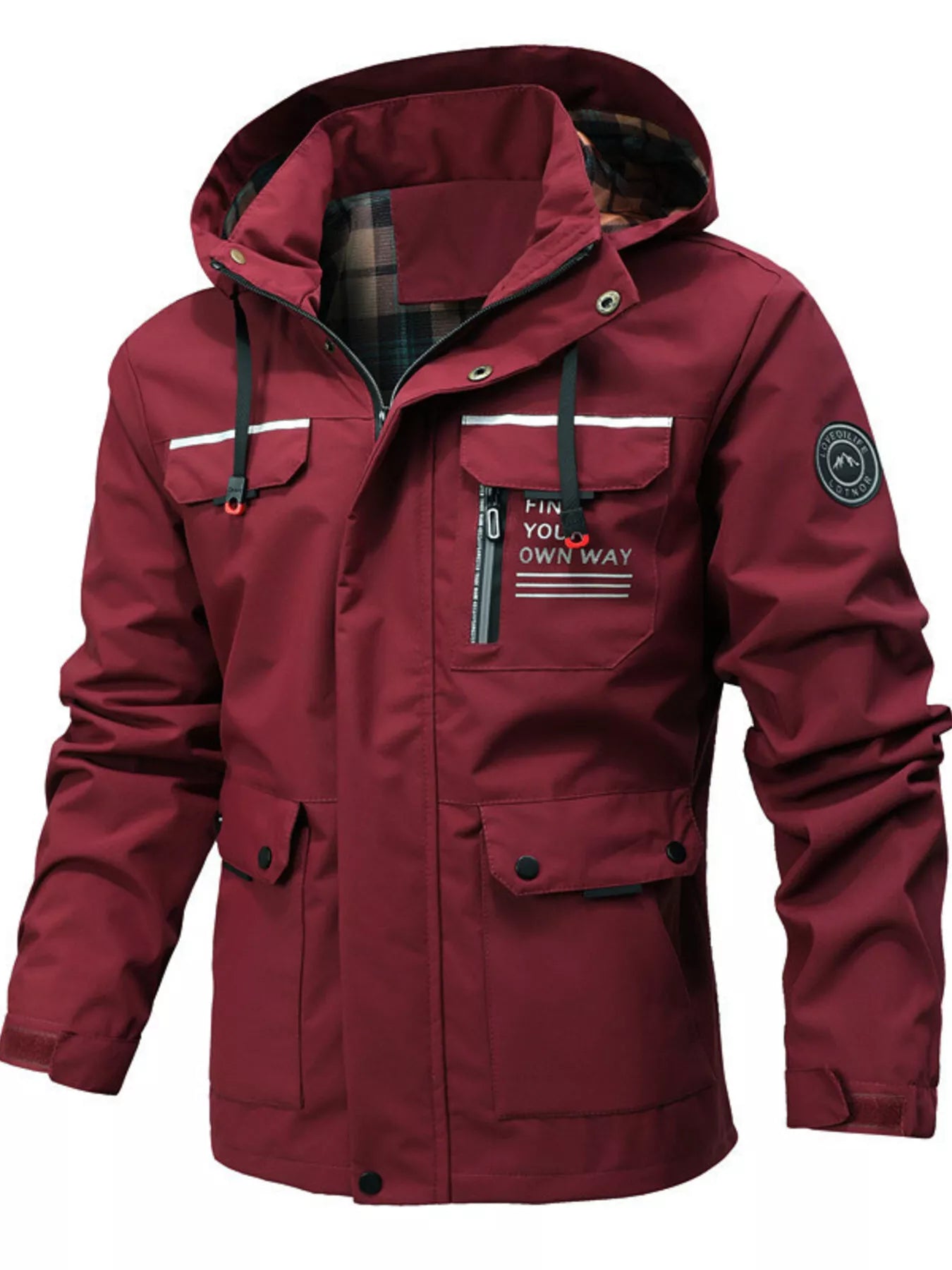 Men's plus size black hooded outdoor windproof coat by Trendsi, featuring a durable design and adjustable hood for outdoor activities.