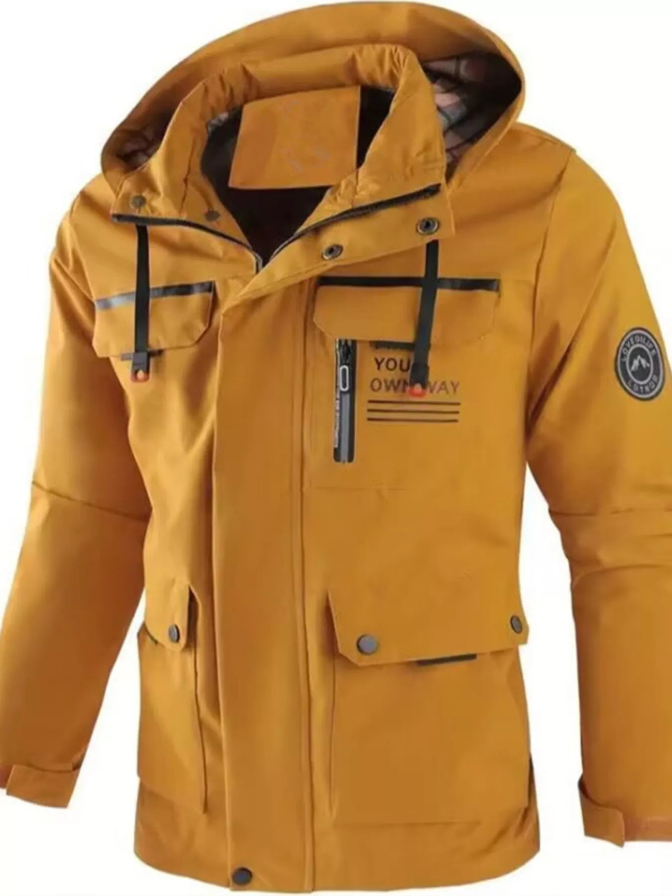 Men's plus size black hooded outdoor windproof coat by Trendsi, featuring a durable weather-resistant design and adjustable hood.