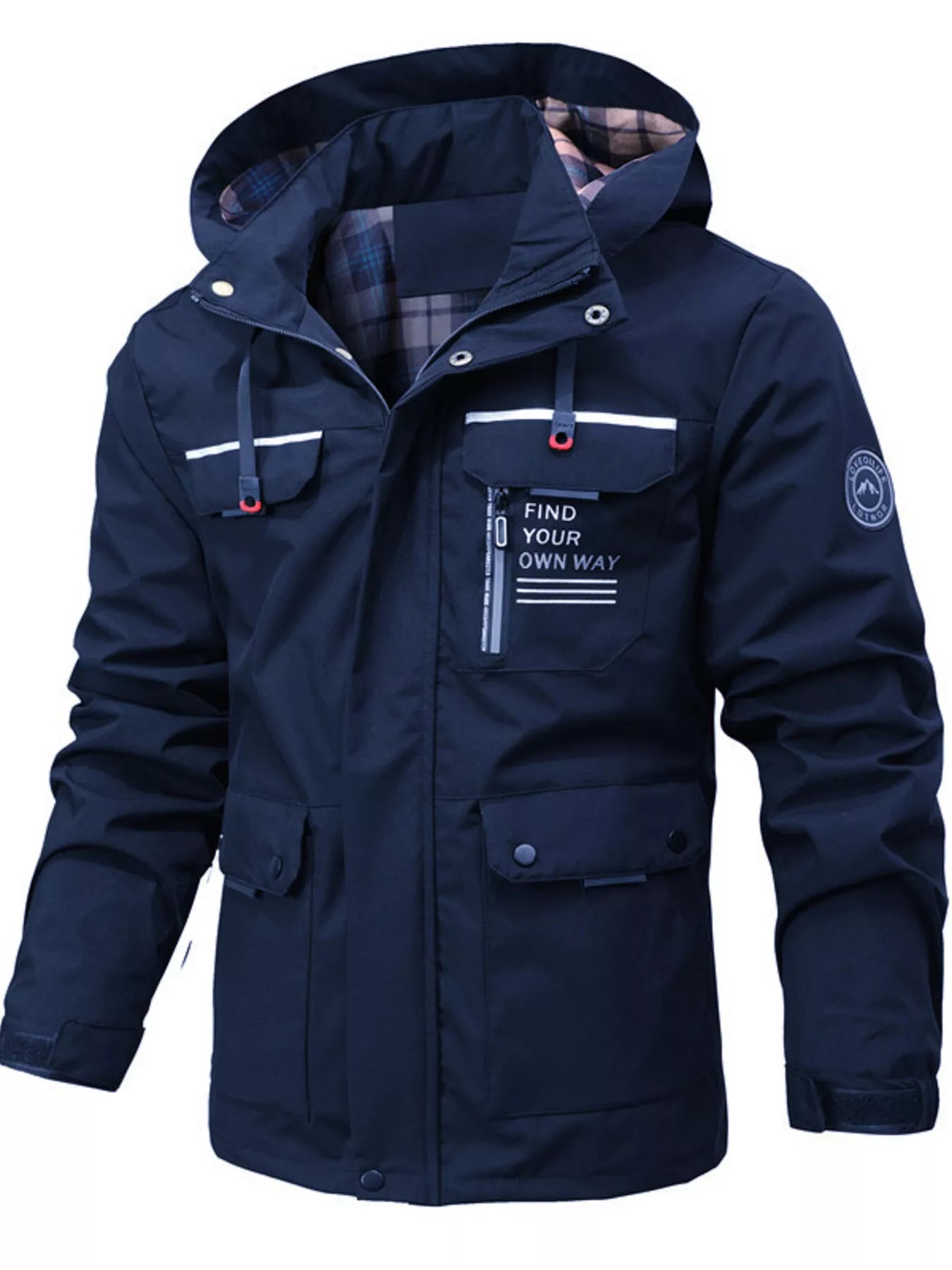 Men's plus size black hooded outdoor windproof coat by Trendsi, featuring a durable design and adjustable hood for outdoor activities.